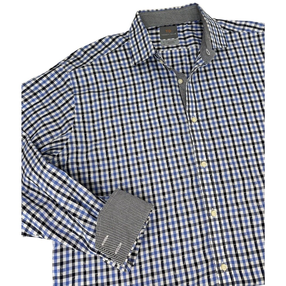 Thomas Dean Men’s XL Dress Shirt Blue Plaid 100% Pima Cotton Long Sleeve Upscale